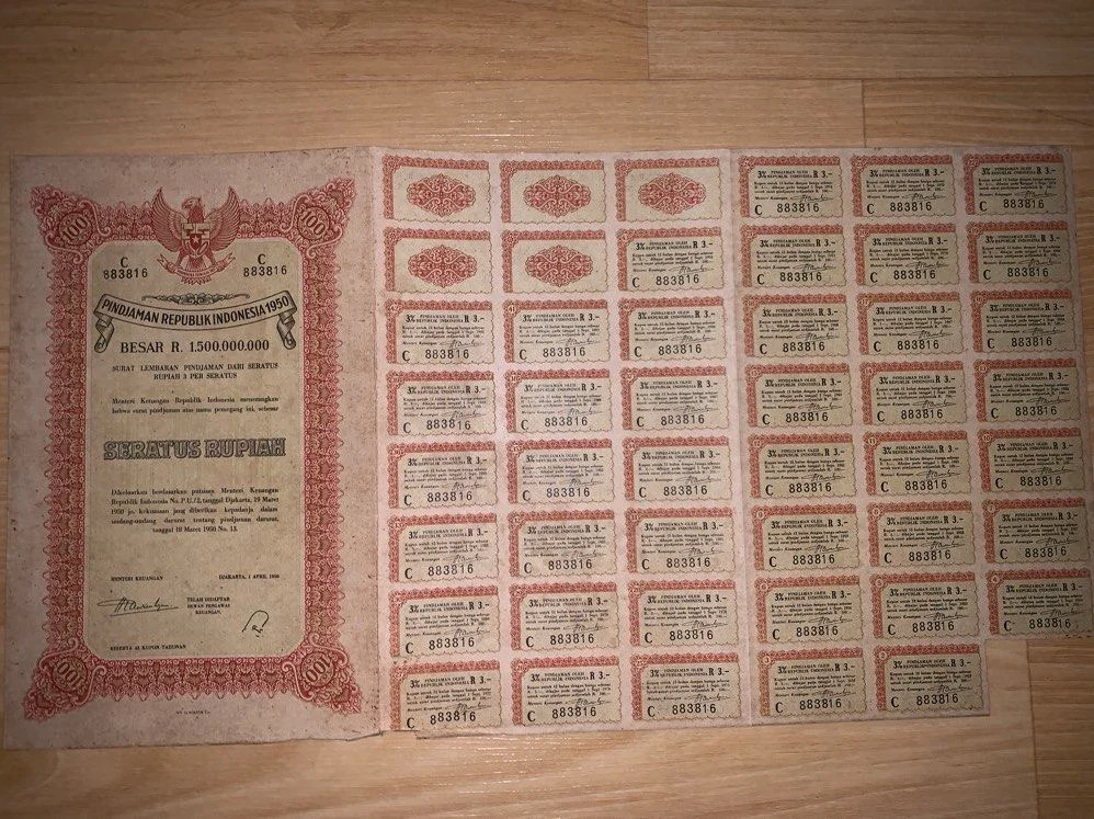 Ilustrasi, surat berharga negara atau SBN jenis Obligasi R.I. 1950.